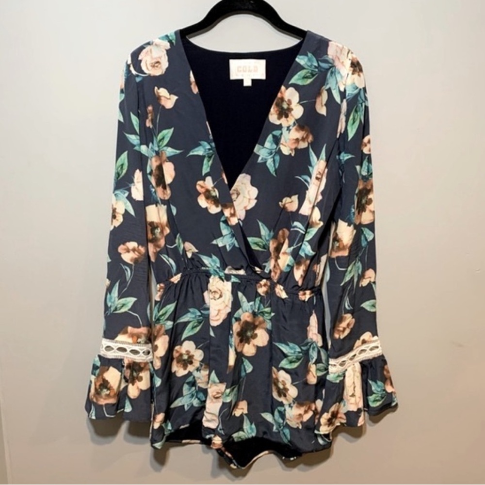 Stone Cold Fox Silk Navy Floral Cosmo Print Long Bell Sleeve Romper